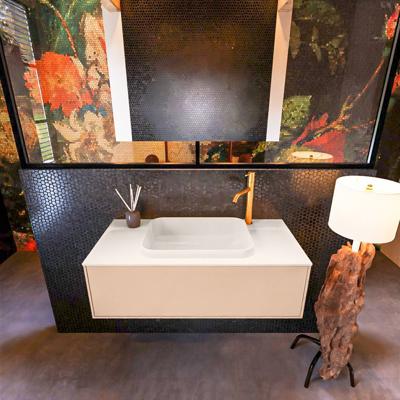 Badkamermeubelset Mondiaz Erin 100 cm met 1 Lade met RIDGE Wastafel Midden Linen met 1 kraangat Greeploos Mat Rosee