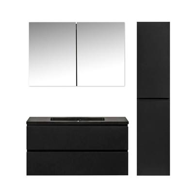 Badkamermeubel Set Callisto Diamond Hangend 100x50x48cm Mat Zwart MDF Softclose Greeploos Kwartsteen Wastafel 1 Kraangat Overloop met Spiegelkast en Badkamerkast