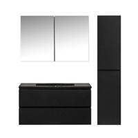 Badkamermeubel Set Callisto Diamond Hangend 100x50x48cm Mat Zwart MDF Softclose Greeploos Kwartsteen Wastafel 1 Kraangat Overloop met Spiegelkast en Badkamerkast - thumbnail