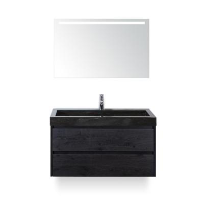 Dante Badmeubelset 100 cm - Black Oak - Wastafel Hardsteen Wit Lucca - met Sence Spiegel