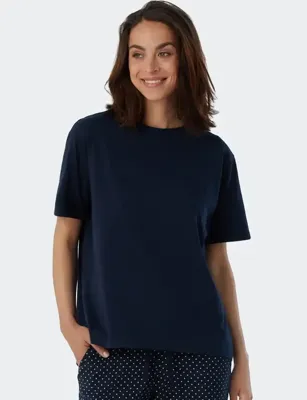 Dames pyjamashirt korte mouw - Mix & Relax - Los wijd katoenen pyjama shirt donkerblauw