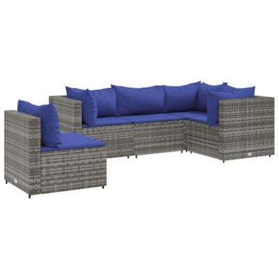 5-delige Loungeset met kussens poly rattan grijs