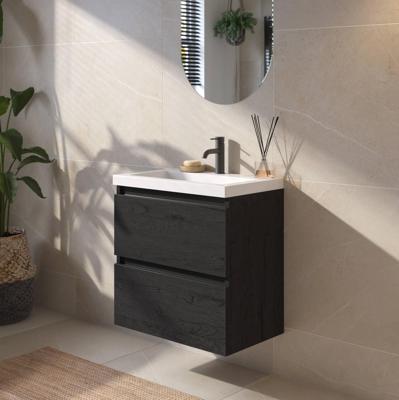 Saqu Gaia ondiep badmeubel incl. glans witte wastafel 60x40x64cm eiken zwart - zwarte greeplijst