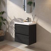 Saqu Gaia ondiep badmeubel incl. glans witte wastafel 60x40x64cm eiken zwart - zwarte greeplijst - thumbnail