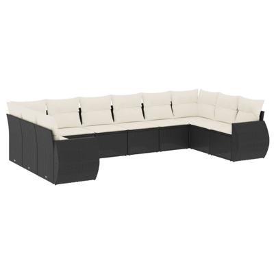 10-delige Loungeset met kussens poly rattan zwart - thumbnail
