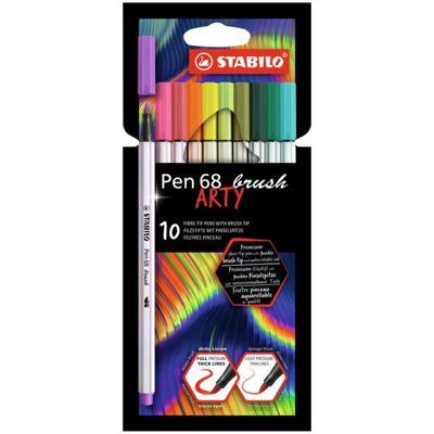 STABILO Pen 68 brush, premium brush viltstift, ARTY etui met 10 kleuren