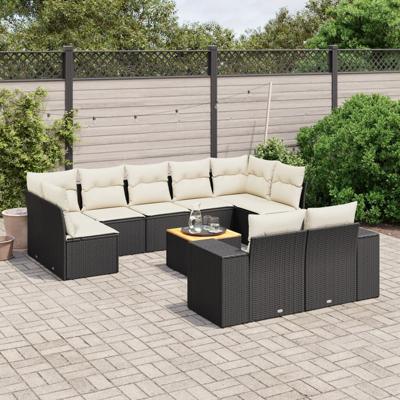 10-delige Loungeset met kussens poly rattan zwart