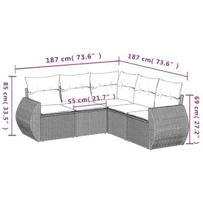5-delige Loungeset met kussens poly rattan lichtgrijs