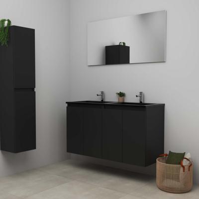 On-Line Badkamermeubelset - 120 cm - Bouwpakket - Greeploze Ladestructuur - Acryl Wastafel - 2 Kraangaten - Spiegel - Mat Zwart - V02