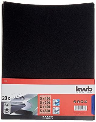 kwb 830960 Handschuurpapierset Korrelgrootte (num) 180, 240, 400, 600 (l x b) 280 mm x 230 mm 20 stuk(s)