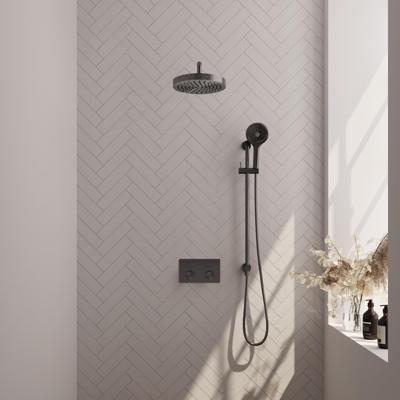Brauer Stripe thermostatische inbouw regendouche met drukknoppen SET 35 met 25 cm douchekop en gebogen muurarm en 3-standen handdouche en doucheslang en geintegreerde glijstang gunmetal geborsteld PVD