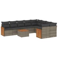 9-delige Loungeset met kussens poly rattan grijs - thumbnail