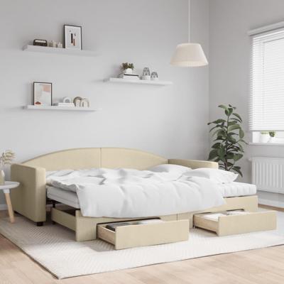 Slaapbank met onderschuifbed en lades 90x200 cm stof crèmekleur