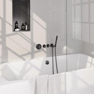 Brauer Stripe thermostatische inbouw badkraan SET 01 met badvulcombinatie en staaf handdouche en doucheslang en wandaansluitbocht gunmetal geborsteld PVD