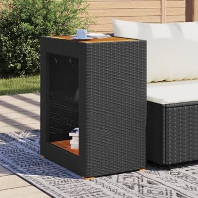 Tuinbijzettafel met houten blad 60x40x75 cm poly rattan zwart - thumbnail