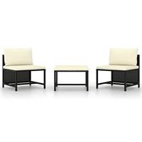 3-delige Loungeset met kussens poly rattan zwart - thumbnail