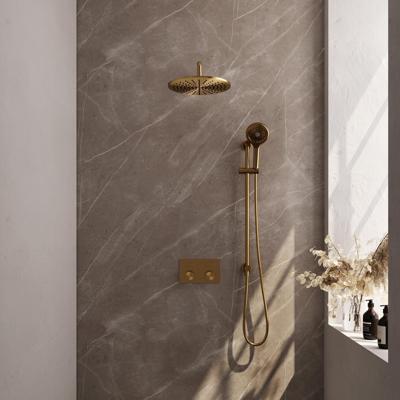 Gold Carving thermostatische inbouw regendouche SET 70 met drukknoppen, 30 cm douchekop, gebogen muurarm, 3-standen handdouche en geïntegreerde glijstang - goud geborsteld PVD