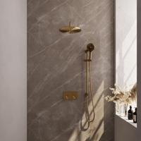 Gold Carving thermostatische inbouw regendouche SET 70 met drukknoppen, 30 cm douchekop, gebogen muurarm, 3-standen handdouche en geïntegreerde glijstang - goud geborsteld PVD - thumbnail