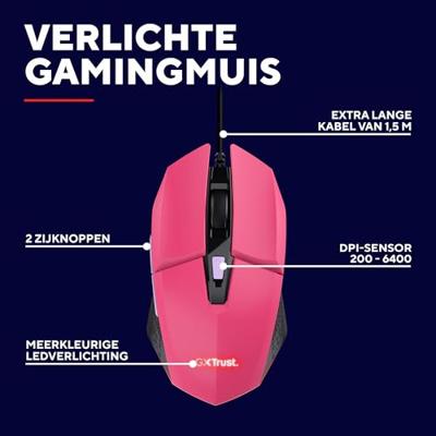 Trust GXT109P FELOX Gaming-muis Kabelgebonden Optisch Pink 6 Toetsen 6400 dpi Verlicht Trust GXT109P FELOX Gaming-muis Kabelgebonden Optisch Pink 6 Toetsen 6400 dpi Verlicht