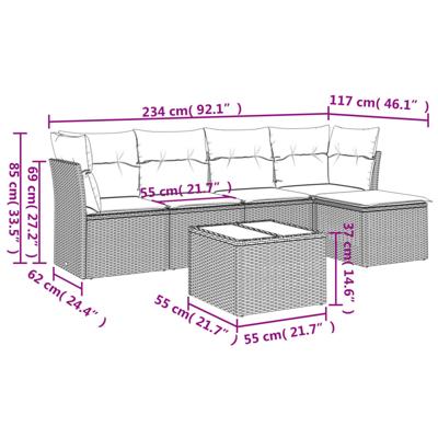 6-delige Loungeset met kussens poly rattan bruin