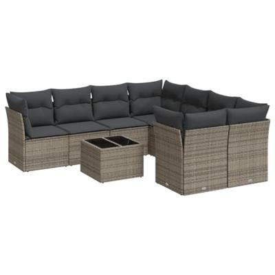 9-delige Loungeset met kussens poly rattan grijs