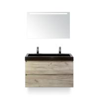 Maxx XL Badmeubelset 100 cm - Craft Oak - Wastafel Lucca 2 kraangaten - met LED Spiegel - thumbnail