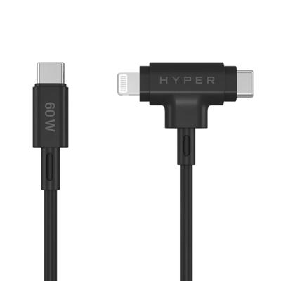 Hyper HyperJuice USB-C naar USB-C en Lightning hybrid silicone kabel (1.5m/60W) - Black