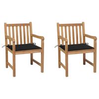 Tuinstoelen 2 st met zwarte kussens massief teakhout - thumbnail