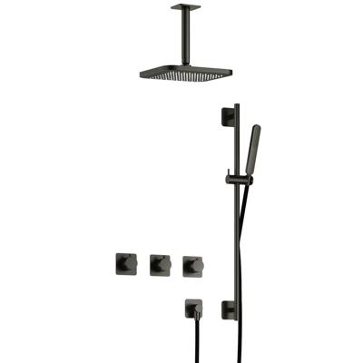 Hotbath Gal - Inbouw Regendoucheset - Geborsteld Gunmetal PVD - 2 Stopkranen - Thermostatisch - Plafondbuis 15 cm - Hoofddouche 220 mm - Staafhanddouche - Glijstang 900 mm - V02
