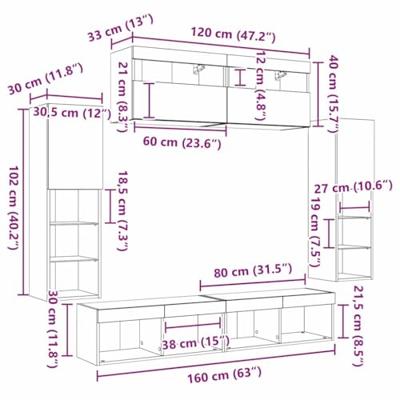 8-delige TV Wandunits met LED Oud Hout Bewerkt Hout
