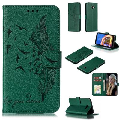 Feather patroon Litchi textuur horizontale Flip lederen draagtas met portemonnee & houder & kaartsleuven voor Galaxy J4 + (groen)