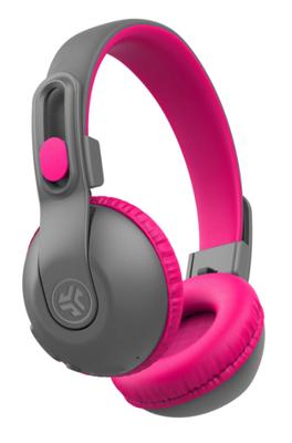 JLab JBuddies Studio 2 Draadloze en bedrade on-ear kinderhoofdtelefoon, grijs/roze, 65+ uur batterijduur, volumebestendig, volumeregelaar, opvouwbaar, verstelbaar, geluidsisolatie, met microfoon