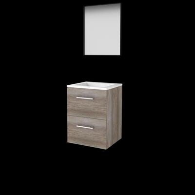 Basic-Line Framed 46 Badkamermeubelset - 50 x 46 cm - Met Grepen - 2 Lades - Acryl Wastafel - Zonder Kraangat - Spiegel met Zwart Aluminium Frame - Scotch Oak