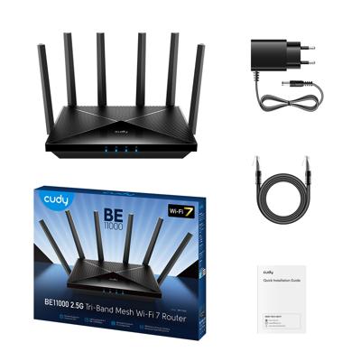Cudy Tri-Band WiFi 7 BE11000 Router, 6-Stream 10 Gbps, 4 × 2.5G-poorten, tot 11000Mbps, VPN-server en client, Cudy APP en Mesh, 6 × High-gain Antennes, WR11000
