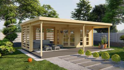 Tuindeco Oletha Blokhut 385x300 cm + overkapping 400 cm 40 mm vuren blank- Plat dak- Onbehandeld vurenhout- Tuindeco