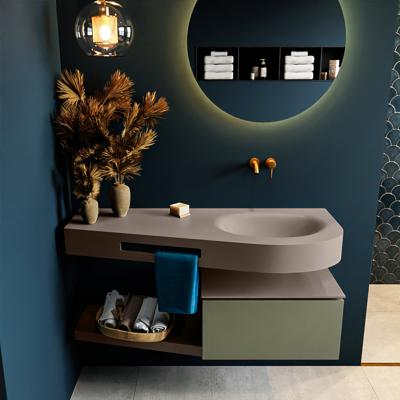 MONDIAZ RIVA 120cm badmeubel onderkast / planchet kleur Army met 1 lade. Wastafel DULCET rechts 0 kraangaten kleur Smoke.