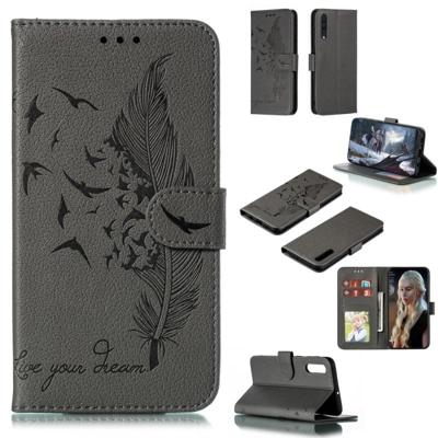 Feather patroon Litchi textuur horizontale Flip lederen draagtas met portemonnee & houder & kaartsleuven voor Galaxy A50 (grijs) Feather patroon Litchi textuur horizontale Flip lederen draagtas met portemonnee & houder & kaartsleuven voor Galaxy A50 (grijs)