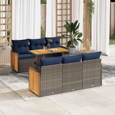 7-delige Loungeset met kussens poly rattan acacia grijs