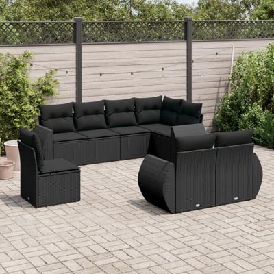 8-delige Loungeset met kussens poly rattan zwart - thumbnail