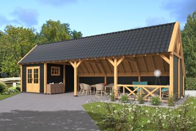 Tuindeco Billund XXL Type 11 kapschuur 1386x512 cm Red Class Wood vuren onbehandeld met wanden vuren zwart gespoten- Kapschuurdak- Hout- Tuindeco