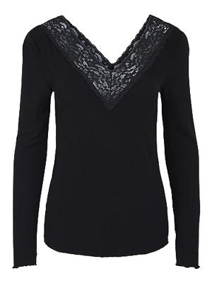 Dames shirt Kant lange mouw - Siri - Zwart Viscose dames ondershirt lange mouw - thumbnail