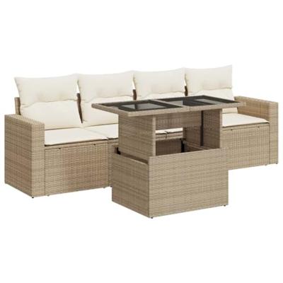 5-delige Loungeset met kussens poly rattan beige
