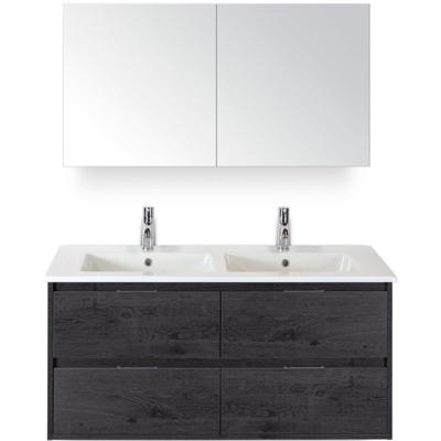 Porto Badmeubelset 120 cm - 4 Laden Black Oak - Keramische Wastafel Wit Slim met Spiegelkast