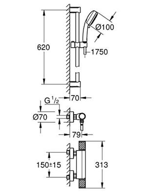 GROHE Grohtherm-1000 Performance renovatieset thermostatisch met koppelingen met glijstang 60cm en hoofddouche 2 standen chroom 34783000 GROHE Grohtherm-1000 Performance renovatieset thermostatisch met koppelingen met glijstang 60cm en hoofddouche 2 standen chroom 34783000