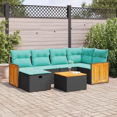 7-delige Loungeset met kussens poly rattan zwart