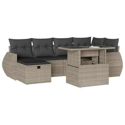 7-delige Loungeset met kussens poly rattan lichtgrijs