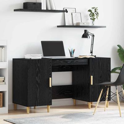 Bureau met plank Zwart Eiken 140 x 50 x 75 cm Bewerkt hout