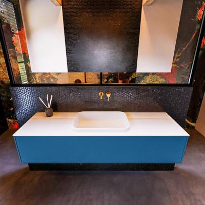 Badkamermeubelset Mondiaz Erin 150 cm met 1 Lade met RIDGE Wastafel Midden Talc Zonder Kraangaten Greeploos Mat Jeans