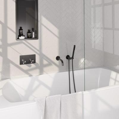 Brauer Stripe thermostatische inbouw badkraan met drukknoppen SET 03 met uitloop en staaf handdouche en doucheslang en wandaansluitbocht gunmetal geborsteld PVD