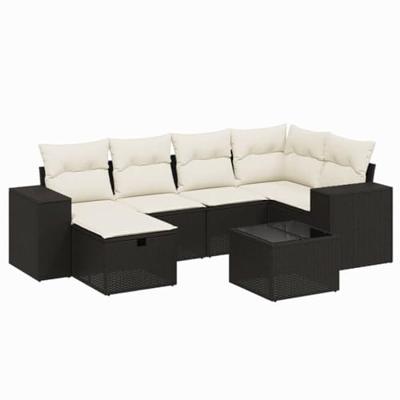 7-delige Loungeset met kussens poly rattan zwart